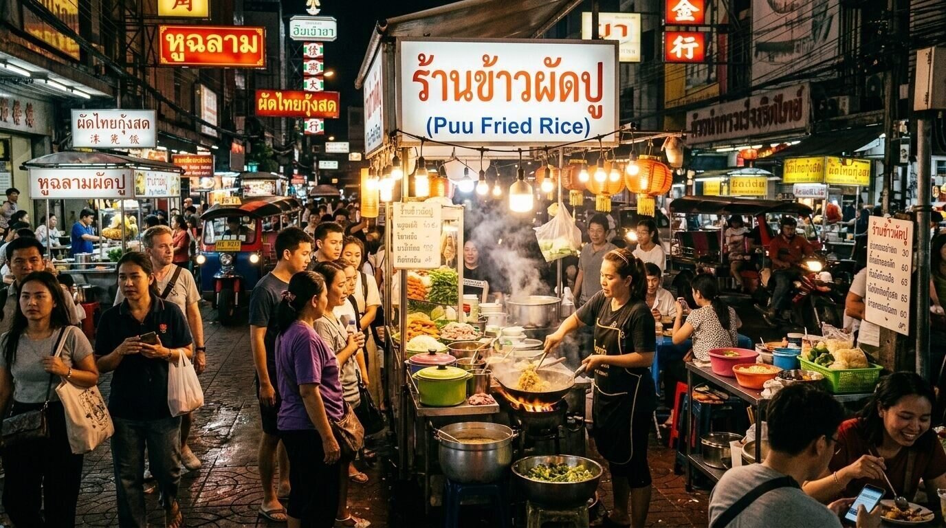 Busy street food stall in Bangkok at night with cooks at smoking woks