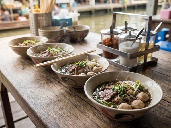 Small bowls of Thai boat noodles in dark broth at Victory Monument, Bangkok
