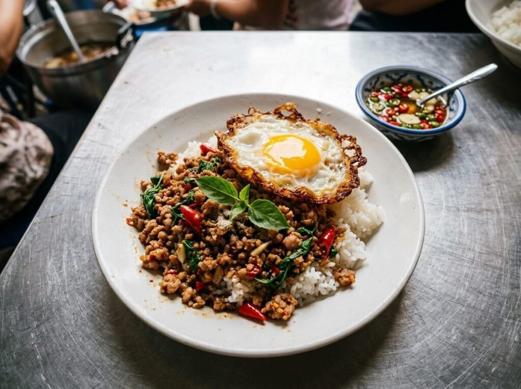 Pad kra pao moo with fried egg over rice at a Bangkok street stall