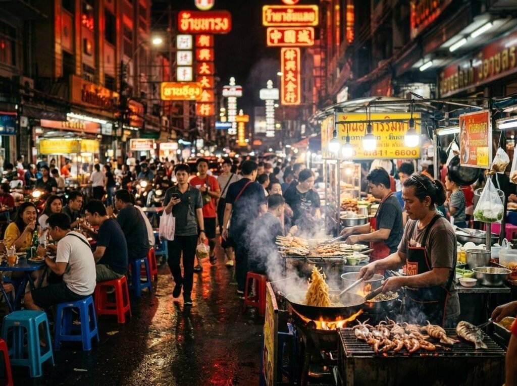 Street food stalls on Yaowarat Road in Bangkok's Chinatown at night